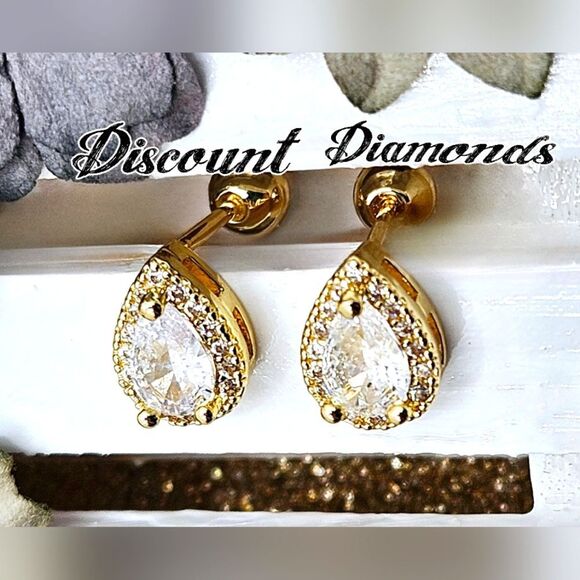 Dainty White Diamond Teardrop 18K Yellow Gold Earrings on 925 Silver - Picture 1 of 8